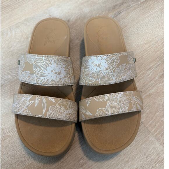 REEF Banded Horizon Hi Platform Slip On Cushion Comfort Slide Sandal, Beige 7 - Picture 2 of 7